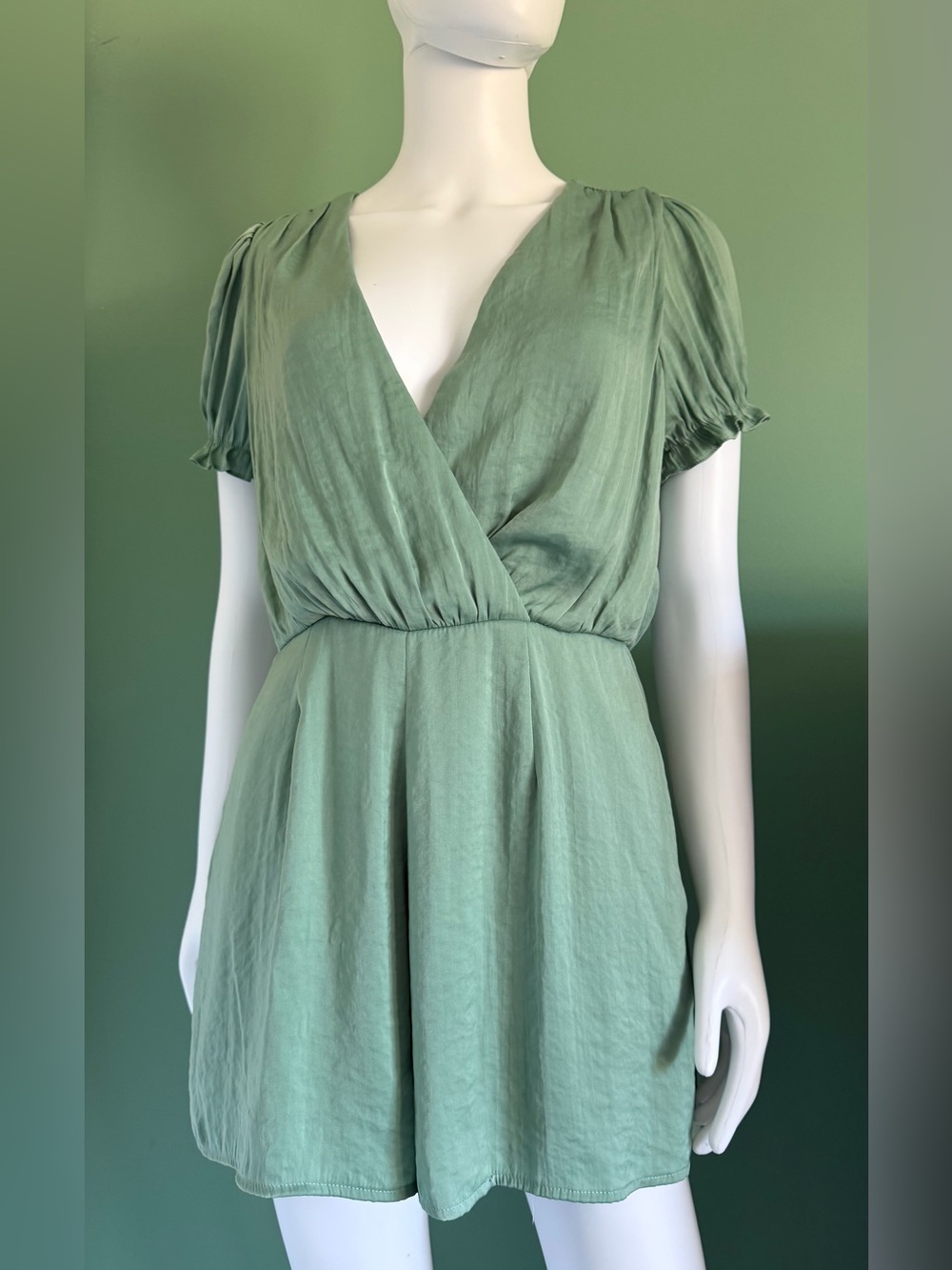 Mi Ami Satin Surplice Short Sleeve Romper In Sage Green